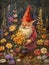 Watercolor gnome arranging vibrant flowers in a fairytale garden ai generate