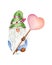 Watercolor Gnome Valentine illustration on a white background. Cute Dwarf with a heart. Elf for the design of cards