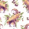Watercolor goat seamless pattern with flowers, wildflowers, berries. Totem animals texture on white. Witchcraft power animals