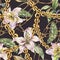 Watercolor gold chains and rings seamless pattern with white royal lilies, fashion vintage luxury elements