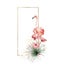Watercolor gold frame with pink flamingo, linear palm branch and anthurium. Hand painted tropical bird, flowers and