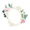 Watercolor gold geometrical round oval frame with pink red roses