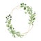 Watercolor gold geometrical wreath with greenery leaves branch twig plant herb flora isolated