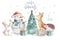 Watercolor gold Merry Christmas illustration with snowman, christmas tree , holiday cute animals fox, rabbit and