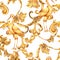 Watercolor golden baroque crane seamless pattern, floral curl, rococo ornament. Hand drawn gold scroll, leaves on white background