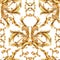 Watercolor golden baroque seamless pattern, rococo ornament texture. Hand drawn gold scrolls, leaves