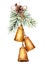 Watercolor golden Christmas bells garland with holiday decor. Hand painted traditional bells with pinecone, cinnamon