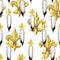 Watercolor golden fleur-de-lis pattern. Royal Gold lily. ermine tails seamless illustration.