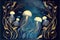 Watercolor golden jellyfish, algae and fish in sea on dark blue background. Generative AI
