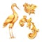 Watercolor golden set of baroque crane, floral curl, rococo ornament element. Hand drawn gold scroll