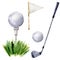 Watercolor golf elements set. Golf illustration with tee, golf club, golf ball, flagstick and grass isolated on white