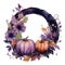 Watercolor Gothic Pumpkin Floral Wreath. Isolated Generative Dark Pumpkin for Fall Season Fantasy Clipart