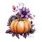 Watercolor Gothic Pumpkin Flowers Arrangement. Isolated Generative Dark Pumpkin for Fall Season Fantasy Clipart