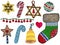 Watercolor gouache Christmas party elements candy cane, Christmas star, Christmas decorations, ball, wreath, christmas sock, bells