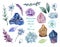 Watercolor gouache isolate colorful Crytal cluster Gemstone Stone elements on white background
