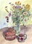 Watercolor graphic color pattern of a bouquet of summer flowers and an ancient kerosene lamp on the table