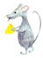 Watercolor gray cartoon mouse isolated on white background. Hand drawn Christmas rat holding a piece of cheese. Hand drawn zodiac