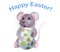 Watercolor gray cartoon Mouse sitting with Easter Egg. Happy easter inscription above. Great design for any purposes
