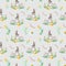 Watercolor gray Hare,flower, leaves,willow tree on grey background. Isolated of Easter Rabbit.Seamless pattern