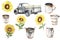 Watercolor gray truck, rusty garden equipment and yellow sunflowers, hand drawn illustration of old car and summer flowers..