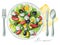 Watercolor greek salad on a plate, cutlery and napkin