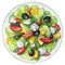 Watercolor greek salad on a plate with feta, salad, olives, pepper and tomatoes