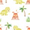 watercolor green baby dinosaur and volcano and palms seamless pattern on white background