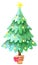 Watercolor green Christmas tree.Winter cartoon Illustration for the New year.