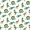 Watercolor green dinosaurus. Seamless pattern. Cute stegosaur, gazosaurus