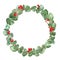 Watercolor green floral wreath with eucalyptus leaves and branches. Christmas decorative border on white background