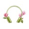Watercolor green headphones with magnolia flowers. Spring bright illustration isolated on white background. Music hand drawn logo.