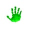 Watercolor green kids handprint isolated on white background. Kids hand print. Isolated imprint of children\'s hands.