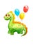 Watercolor green kind cartoon dinosaur with smile congratulates, invites on the white  background of three gel balls isolated