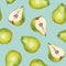 Watercolor green pears on light blue background