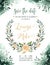 Watercolor greenery color wedding invitation card with green and gold elements. paper texture with floral and leaves