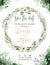 Watercolor greenery color wedding invitation card with green and gold elements. paper texture with floral and leaves