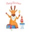 Watercolor greeting card or poster with a cute cheerful deer drinking champagne.