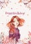 Watercolor Greeting post card layout with boho ginger girl - happy birthday post card