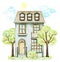 Watercolor grey cartoon cute two-story cottage surrounded landscape