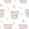 Watercolor grey elephant and stars seamless pattern on white background