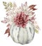 Watercolor grey pumpkin decorated with fall flowers, autumn leaves. Beautiful floral pumpkin arrangement.