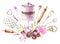 Watercolor group of desserts, bakery tools, flowers on a white background