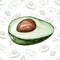 Watercolor half avocado with bone on pattern background, healthy green avocado, healthy eating concept