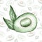 Watercolor half avocado without bone on pattern background, healthy green avocado with leaves, healthy eating concept