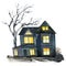 Watercolor halloween card with black house and tree. Hand painted holiday template with house and wood isolated on white
