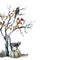 Watercolor halloween card with black tree and cat. Hand painted holiday template with crow, flag garlands, tomcat and