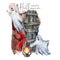 Watercolor halloween card with ghost and coffin. Hand painted holiday template with blood, bat and lantern isolated on