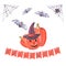 Watercolor Halloween composition postcard invitation pumpkin flags letters lettering bat hat witch spider