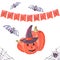 Watercolor Halloween composition postcard invitation pumpkin flags letters lettering bat hat witch spider