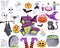 Watercolor halloween elements set Pumpkins Creepy house Spooky ghosts Bat Potion Trick or treat bag Cat Spider Candles Pot Magic